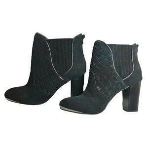 Elliot Lucca Dina Black Suede Woven Leather High Heel Ankle Boots Booties US 6.5